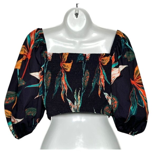 Andres Otalora  Falabella Puff Sleeve Tie Front Cropped Blouse Navy Tropical XS - Picture 5 of 10